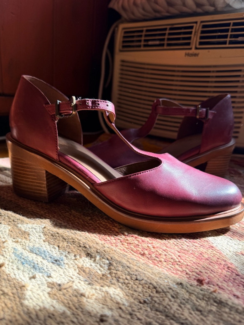 Seychelles T-Strap Low Block Heel in Burgundy
